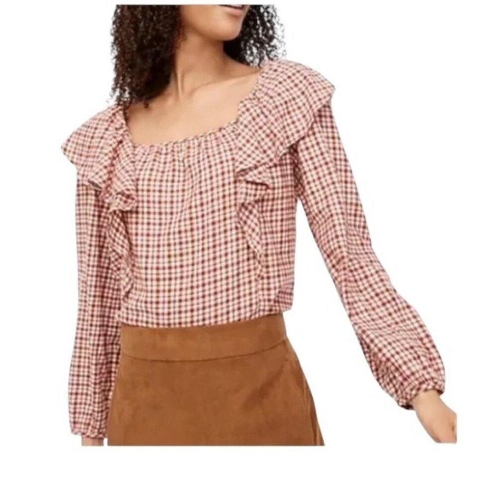 J. Crew Red Checkered flannel square Ruffle romantic top women Blouse size L